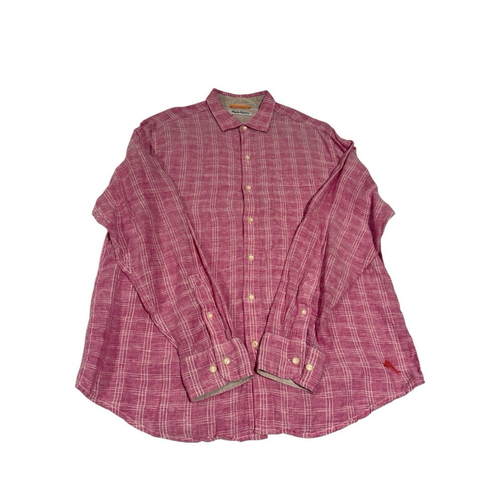 Tommy Bahama Ventana Plaid 100% Linen Shirt Men's Size L/G Pink Lightweight ECU